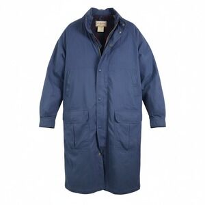 LL Bean Long Duster Coat Mens Tall Large Blue Wool Plaid Lined Insulated